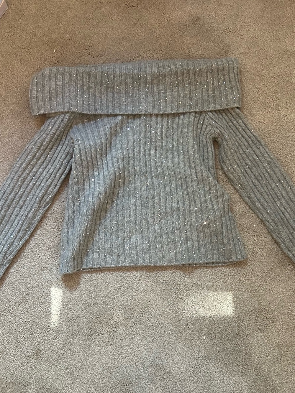 Abercrombie & Fitch Fold-Over Off-the-Shoulder Ribbed Sweater - Gray